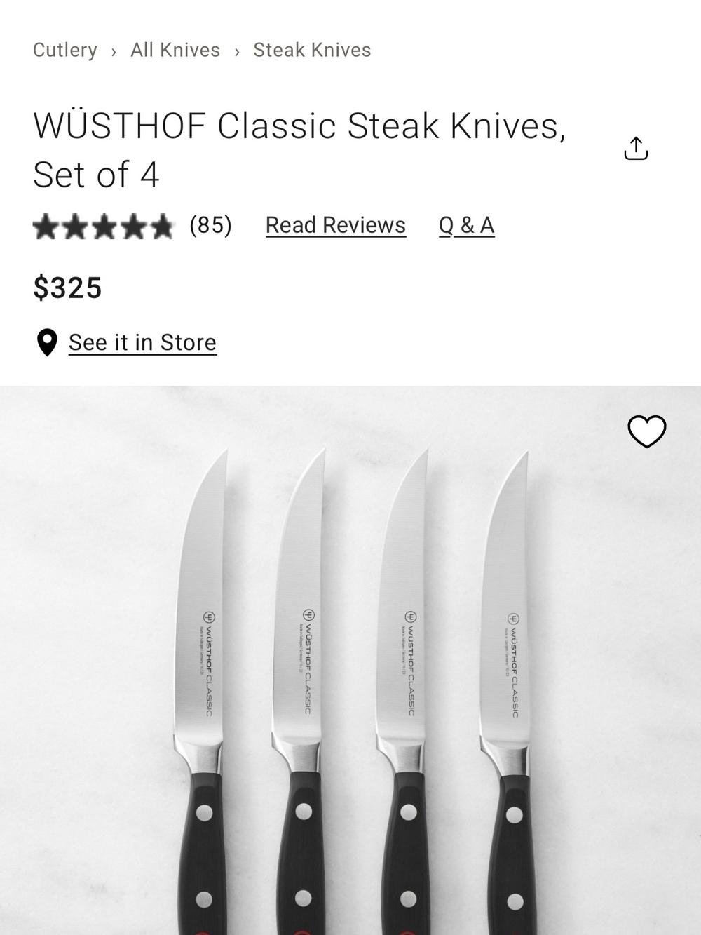 Classic Steak Knives, Black - Set of 4 Wusthof Willams Sonoma